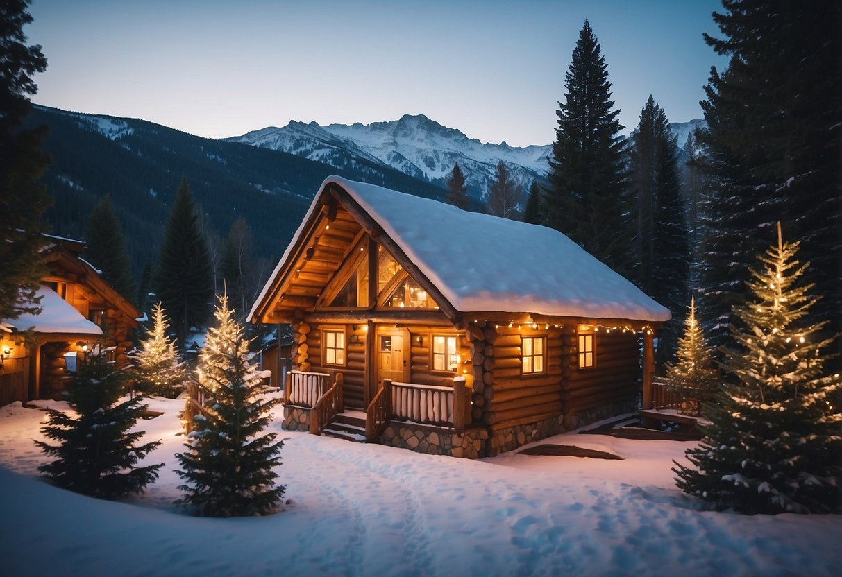 A cozy mountain lodge in Colorado, surrounded by snow-capped peaks. A rustic wooden cabin with a stone fireplace, twinkling fairy lights, and a backdrop of breathtaking natural beauty