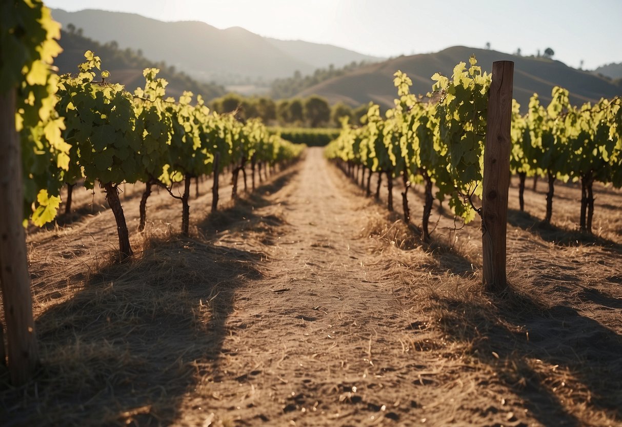 Vineyard wedding in California with rolling hills, grapevines, and a rustic winery backdrop. Sunlight filters through the leaves, creating a warm and romantic atmosphere for a budget-friendly destination wedding