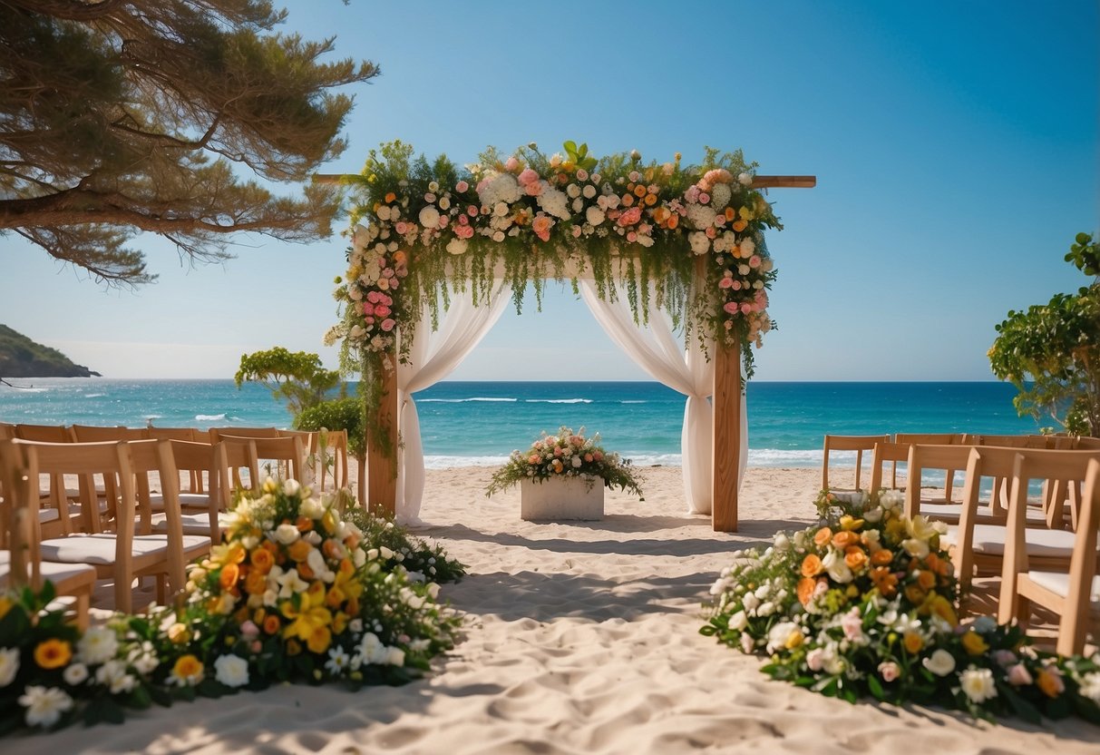 A serene beach with a simple wooden altar, surrounded by lush greenery and colorful flowers. A clear blue sky and gentle waves complete the budget-friendly destination wedding venue