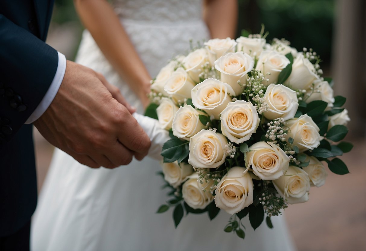 The groom presents a delicate bouquet of white roses to the blushing bride on their wedding day