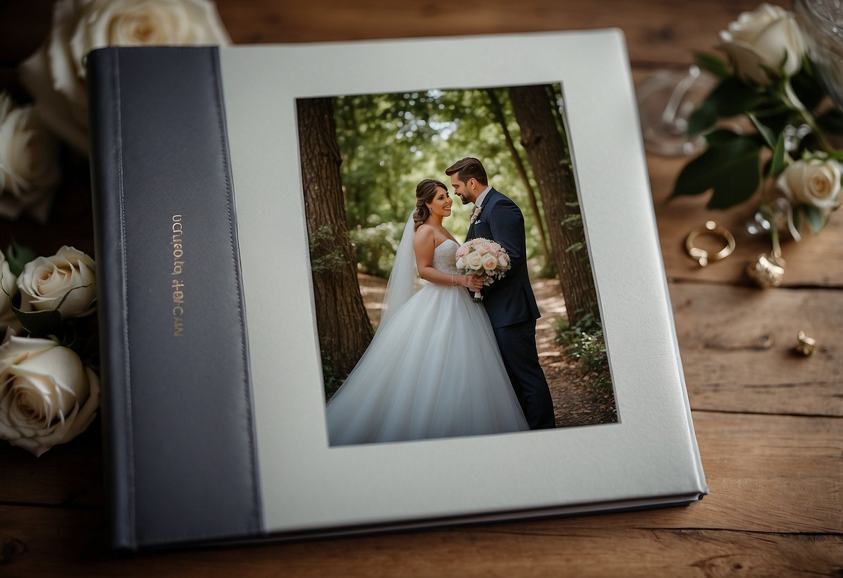 A groom holds a personalized photo album, a thoughtful gift for his bride on their wedding day. The album is adorned with their names and filled with cherished memories