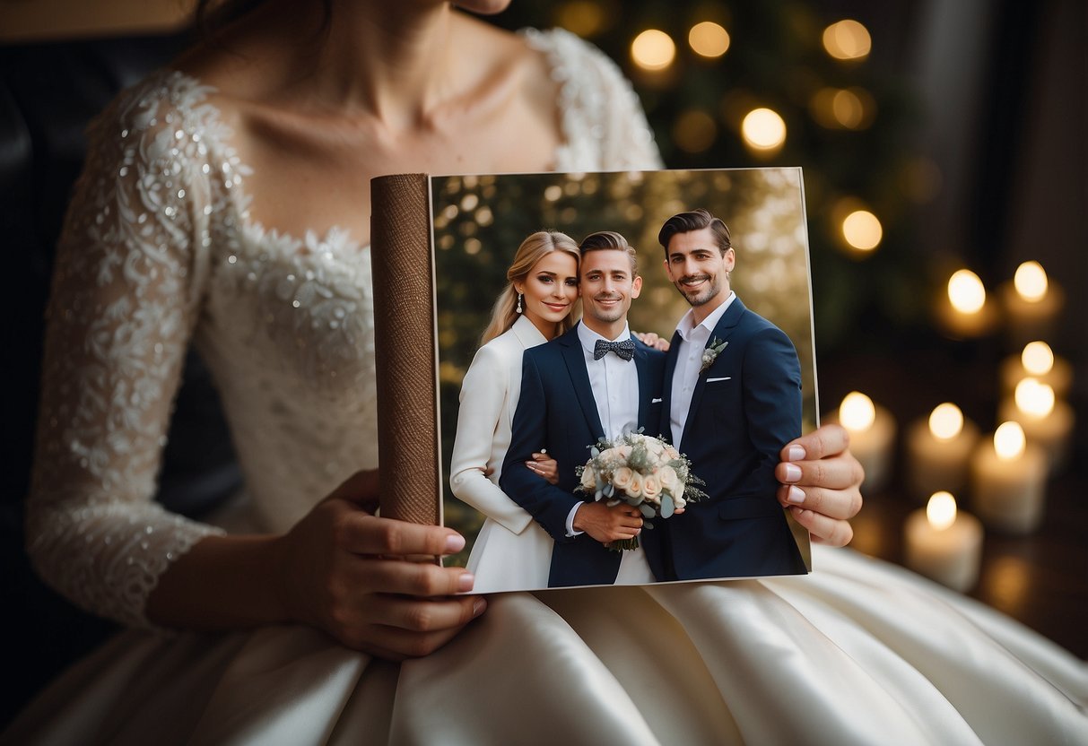 Friends present bride and groom with a beautiful photo album filled with memories and well wishes, bringing tears of joy to their eyes