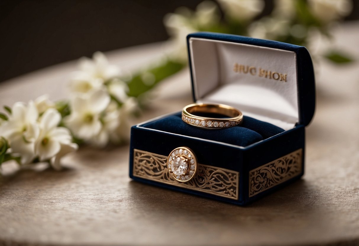 A small, elegant box with a delicate engraved wedding ring inside, symbolizing the groom's love and commitment to the bride on their wedding day