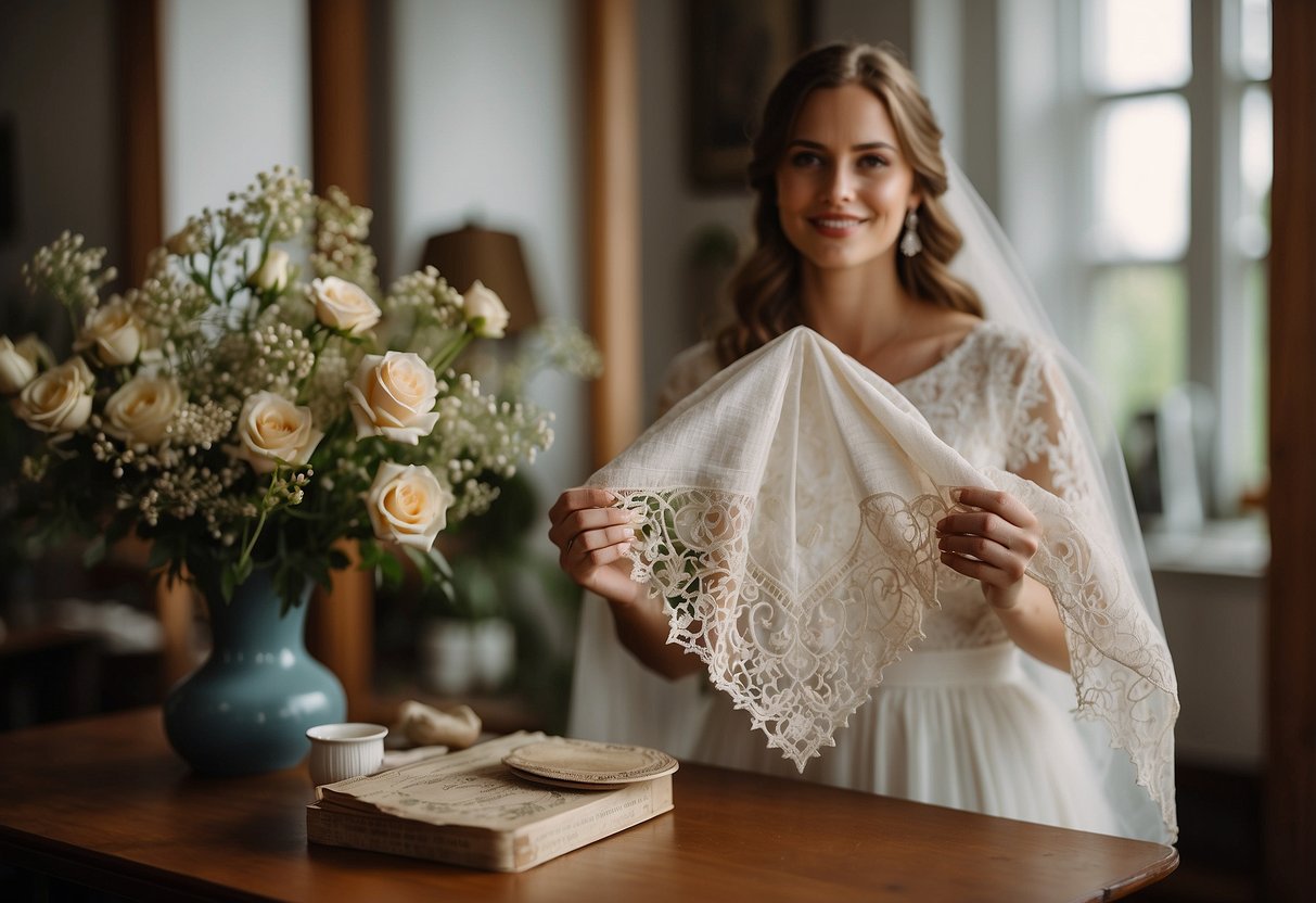 A bride holding a vintage lace handkerchief, a borrowed heirloom, while standing next to a table adorned with old family photos and trinkets