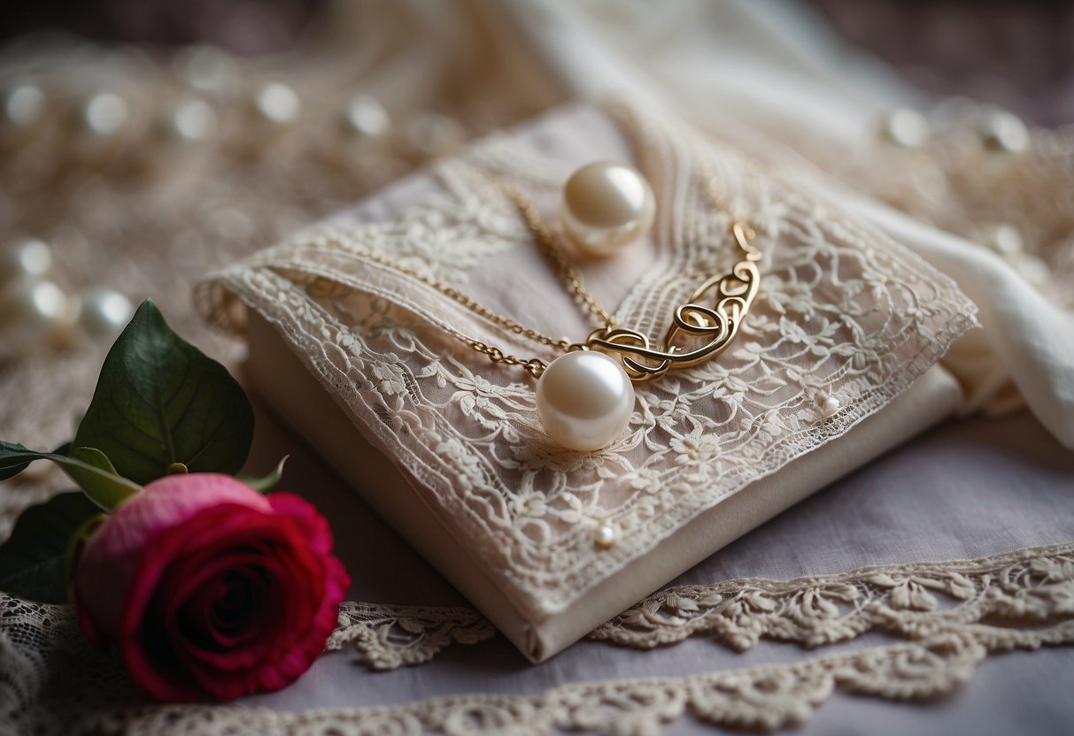 A handwritten love letter lies on a delicate lace handkerchief, next to a small velvet box containing a pearl necklace, waiting to be gifted to the bride on her wedding day