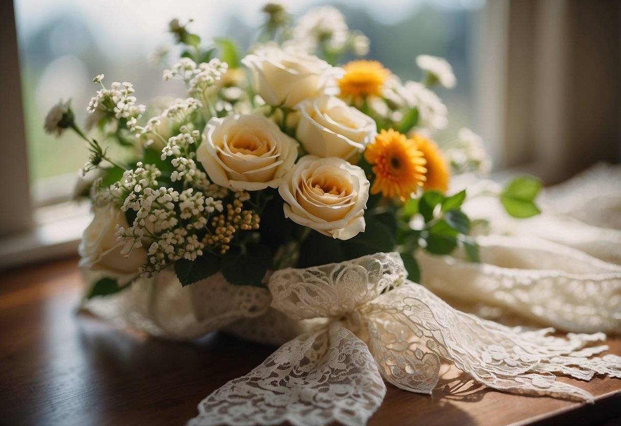 A vintage lace handkerchief draped over a bouquet or tied around a vase as a wedding centerpiece