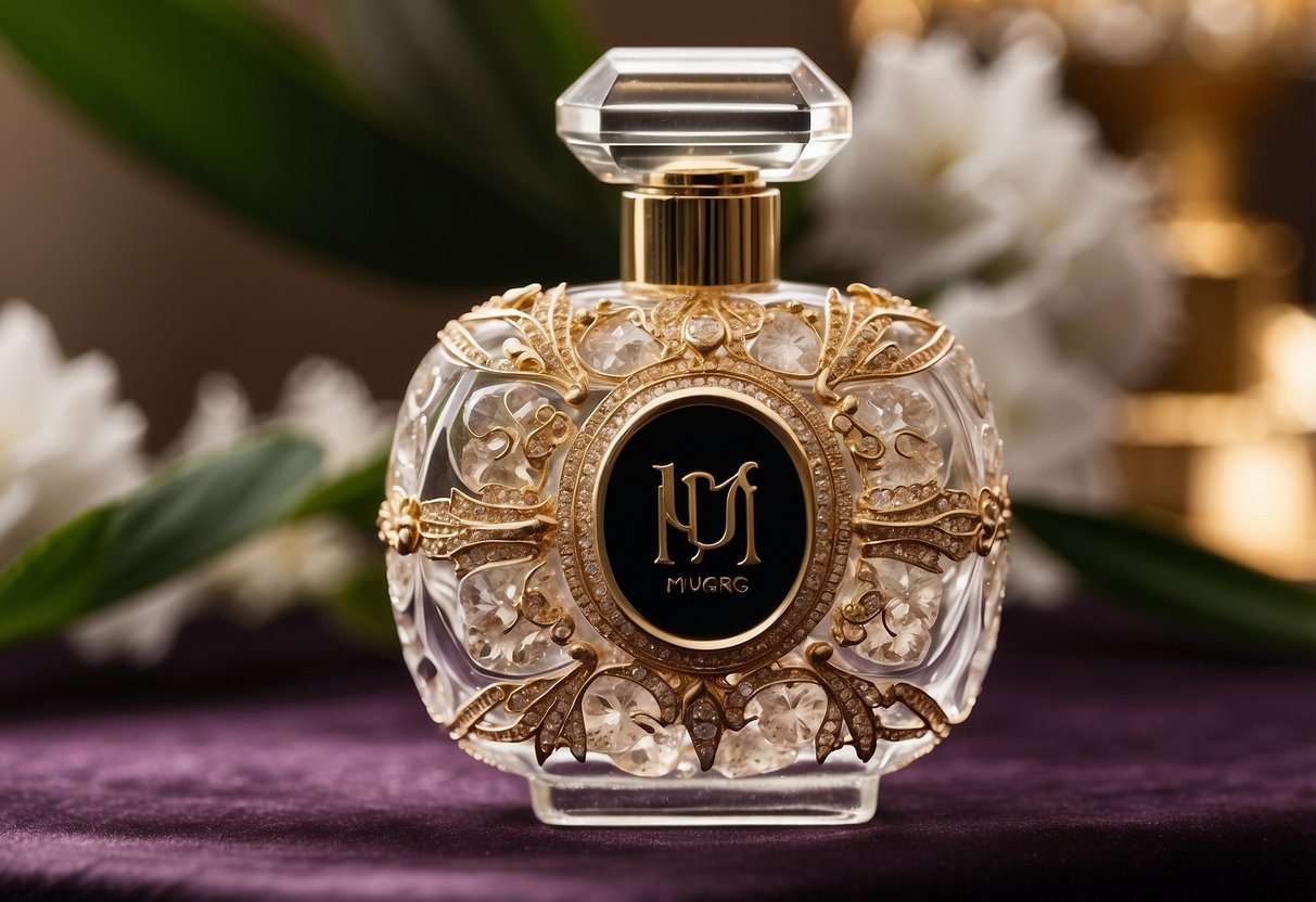 A handcrafted crystal perfume bottle gleams on a velvet-lined display, adorned with intricate gold detailing and a delicate monogram