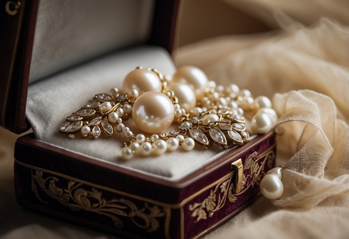 A delicate pearl necklace draped over a vintage lace veil, resting on a velvet jewelry box. A pair of antique earrings and a brooch lay nearby