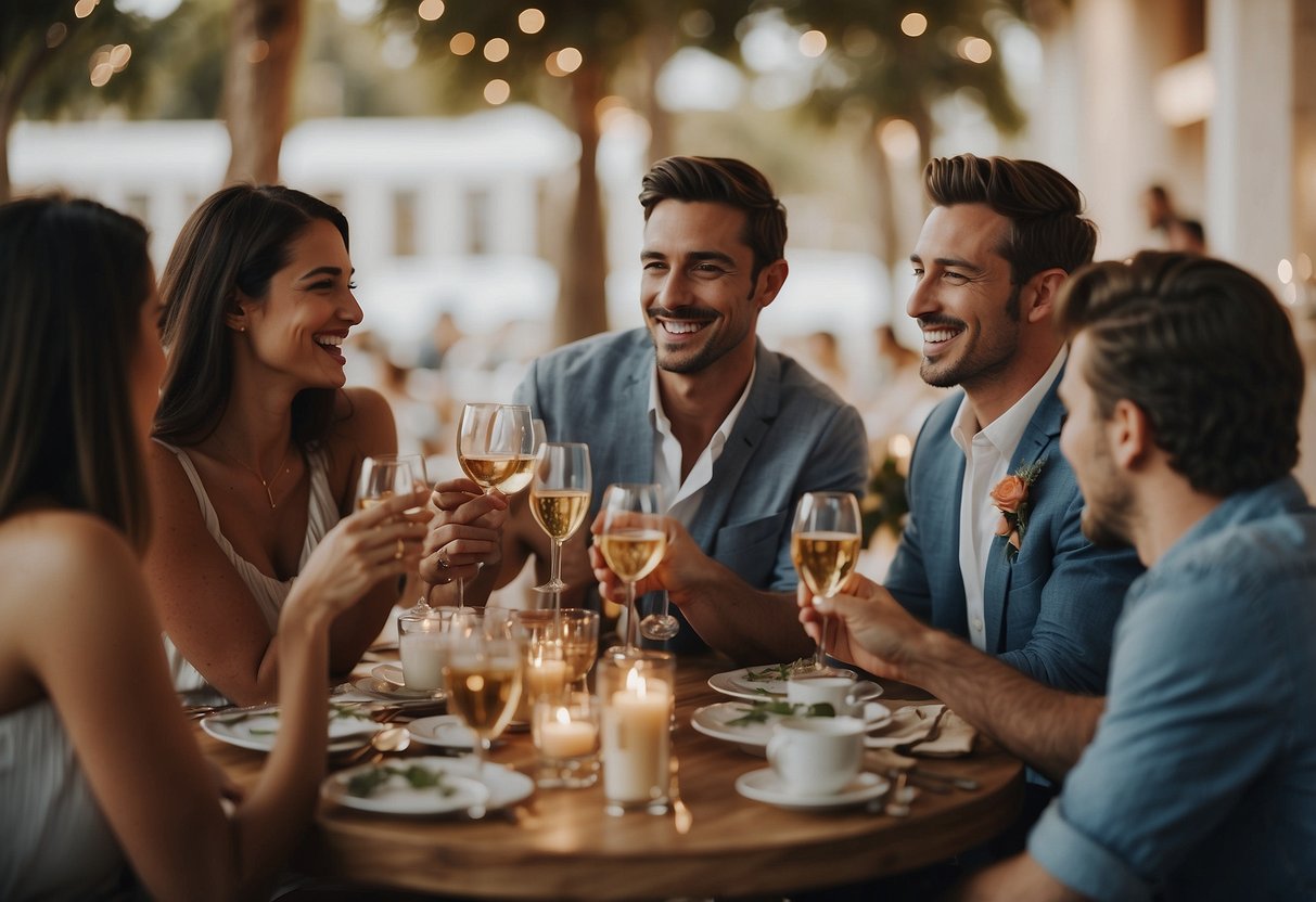 Friends gather to plan a surprise honeymoon for the newlyweds, brainstorming ideas and creating a joyful, celebratory atmosphere