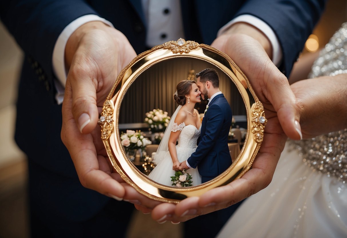 The groom presents the bride with a custom piece of artwork, symbolizing their love and commitment on their wedding day