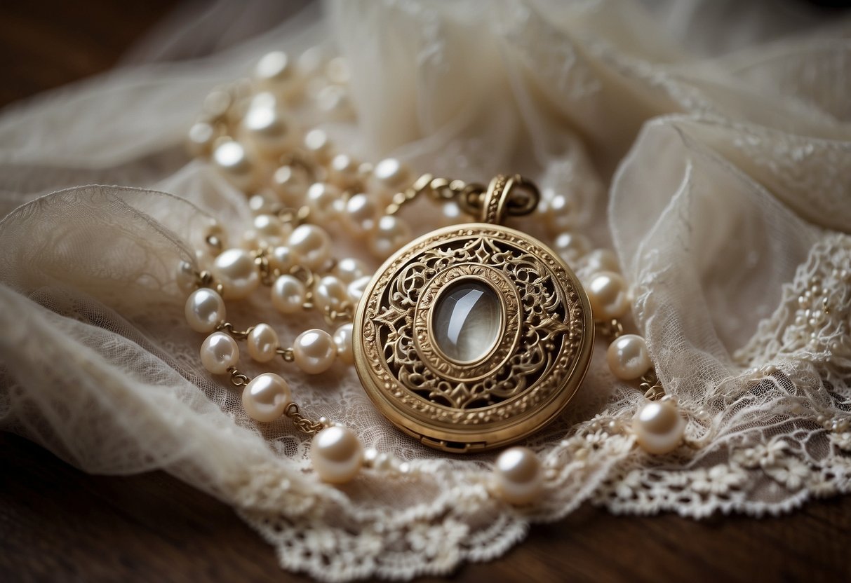 A delicate locket holds a vintage photo, surrounded by delicate lace and pearls. A wedding veil drapes nearby, suggesting a sentimental "something borrowed" for the bride