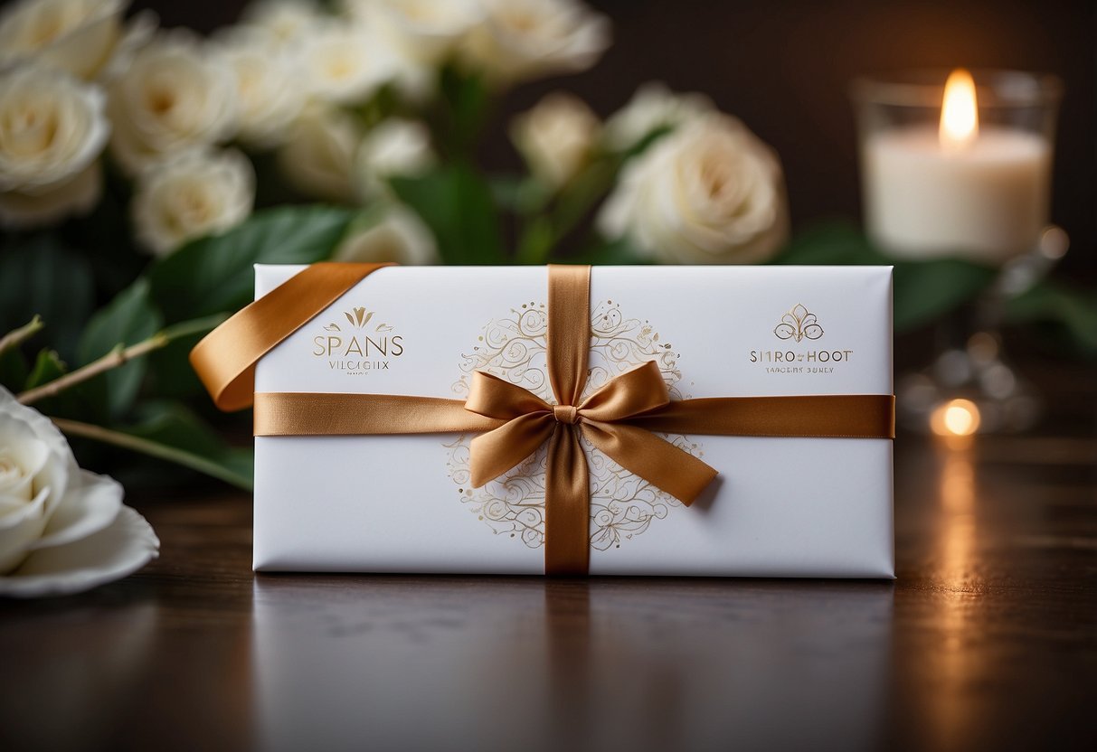 A groom presents a Spa Day Voucher to his bride on their wedding day. The voucher is elegantly wrapped with a ribbon and has a luxurious spa logo on it