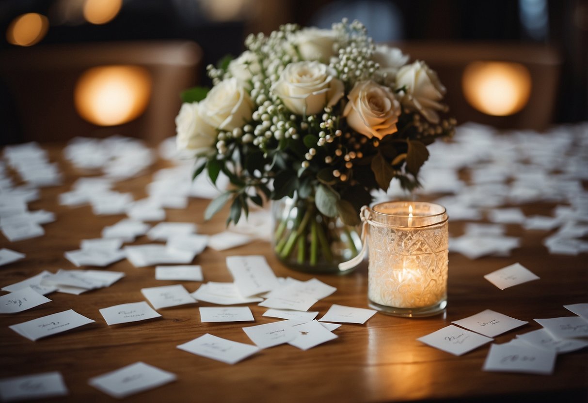 Love notes scattered across the wedding venue, surprise gifts for the bride and groom from their friends