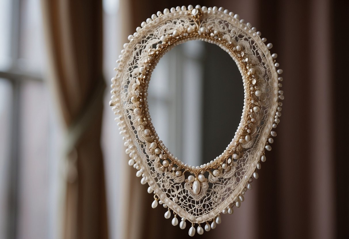 A lace veil draped over a vintage mirror, adorned with pearls and delicate lace trim. A small locket with a photo tucked into the folds