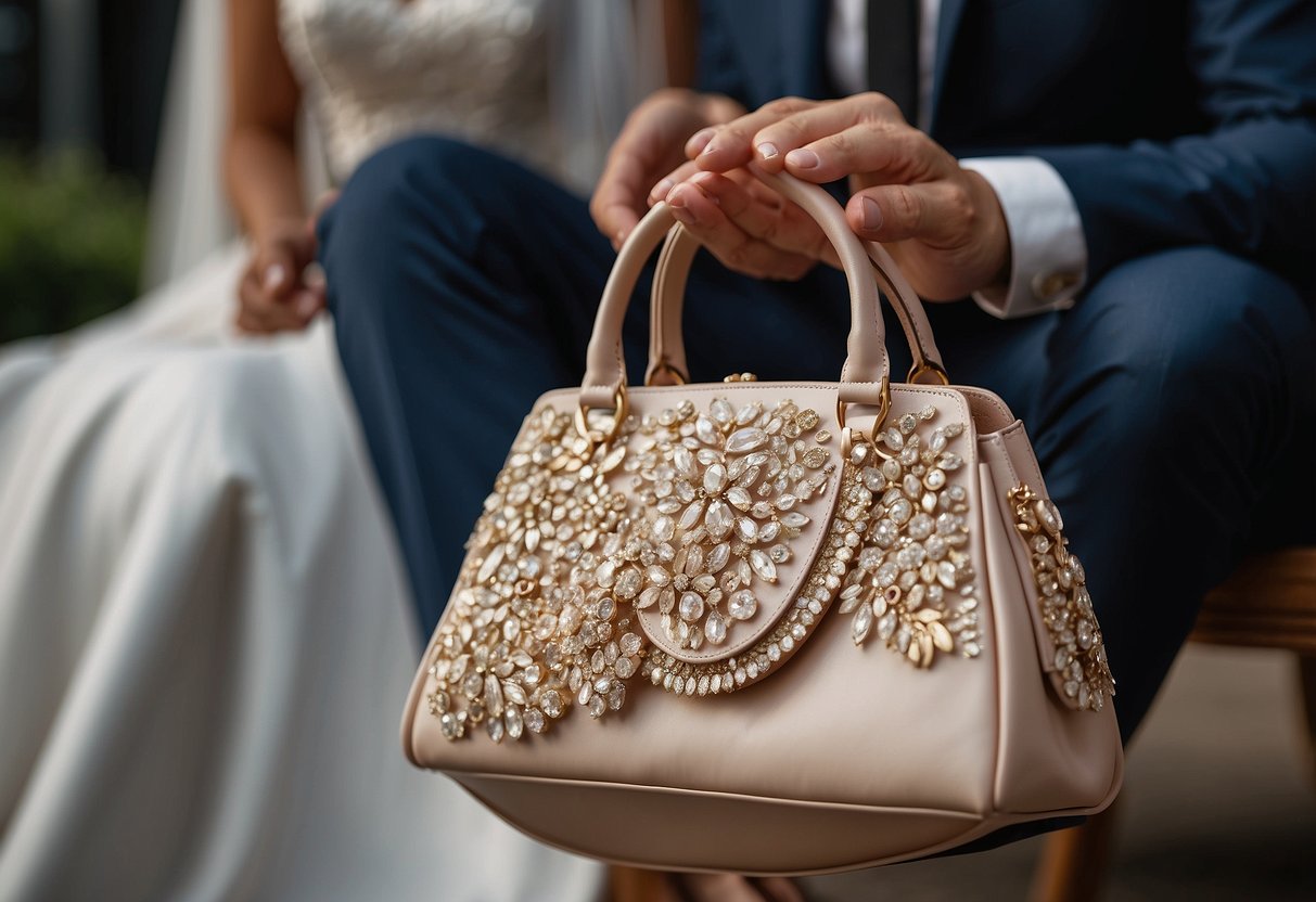 A groom purchases a designer handbag for his bride on their wedding day. The bag is elegant, with intricate detailing and a luxurious finish