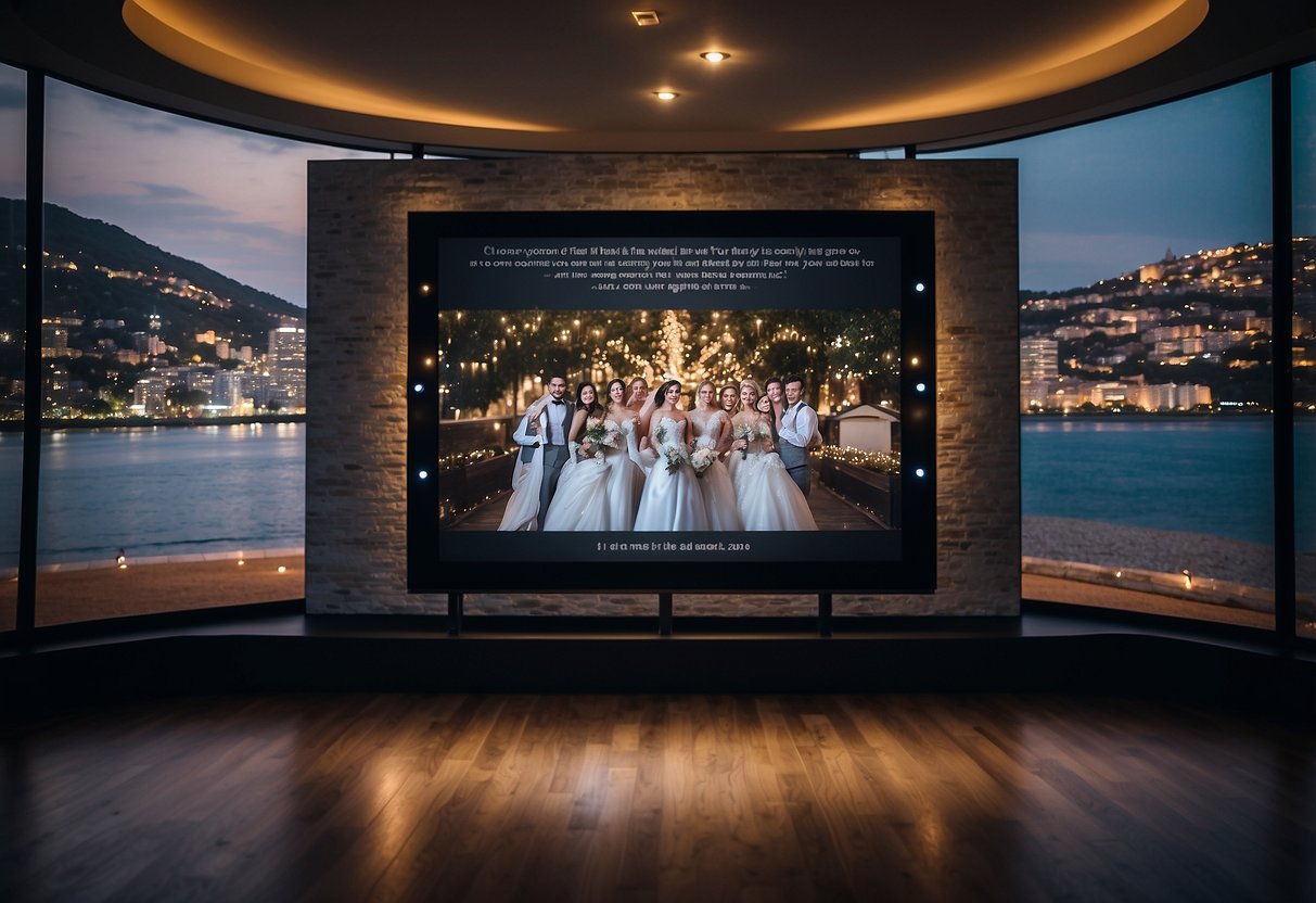 A video montage plays on a screen, showing heartfelt messages and well wishes from friends and family for the bride and groom's wedding surprise