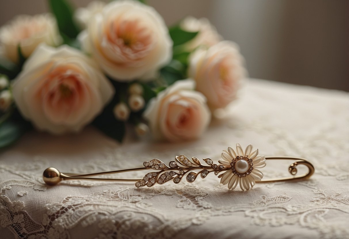 A vintage hairpin rests on a lace-covered table, surrounded by delicate flowers and antique trinkets