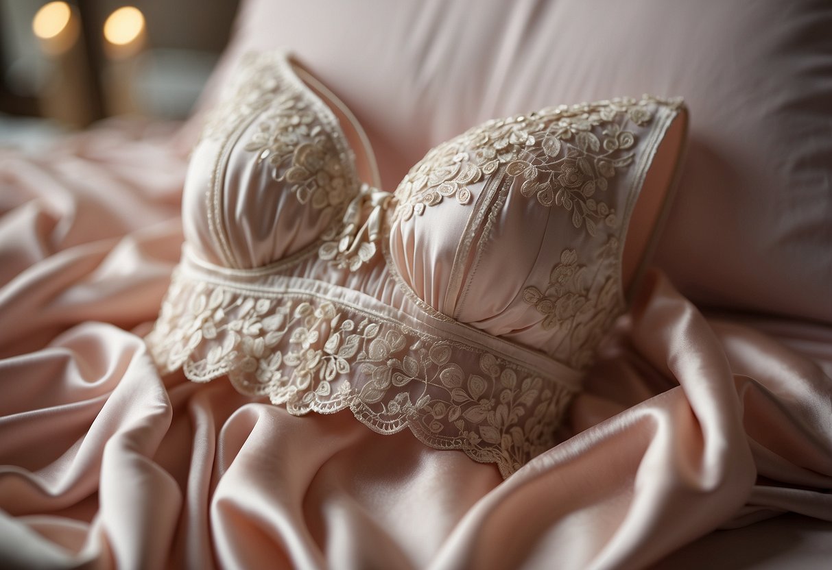 A delicate silk lingerie set sits on a bed, adorned with lace and delicate details, ready to be worn by the bride on her wedding day