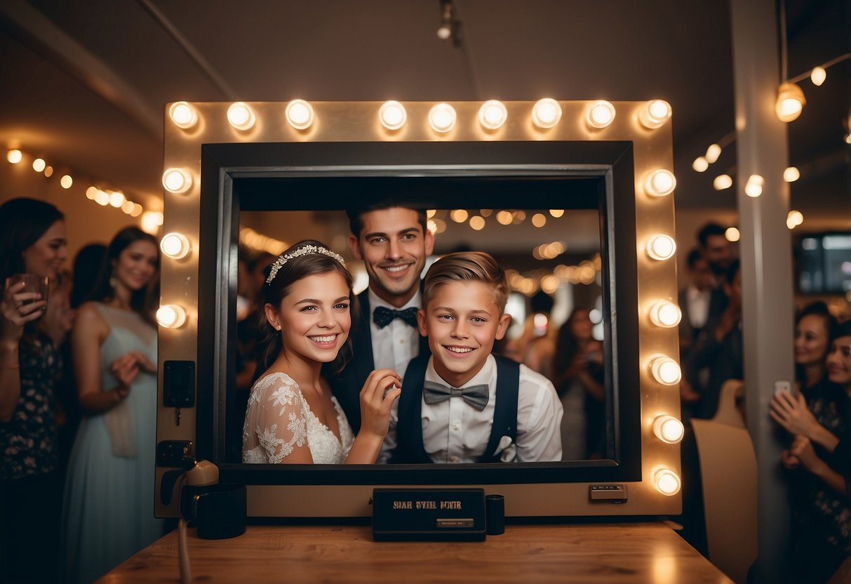 A photo booth filled with childhood photos, surrounded by friends' surprise wedding ideas for the bride and groom