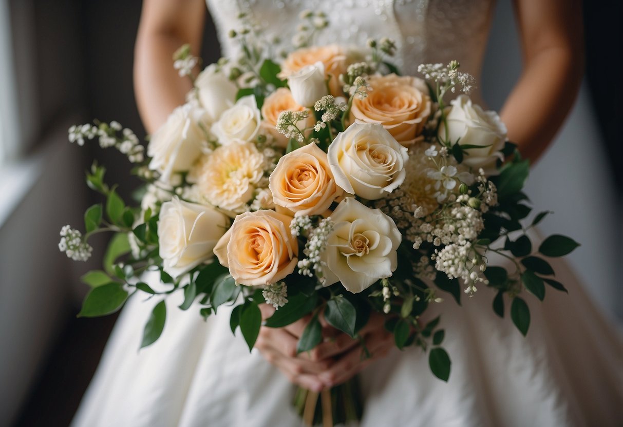 The groom presents the bride with a delicate bouquet of her favorite flowers on their wedding day