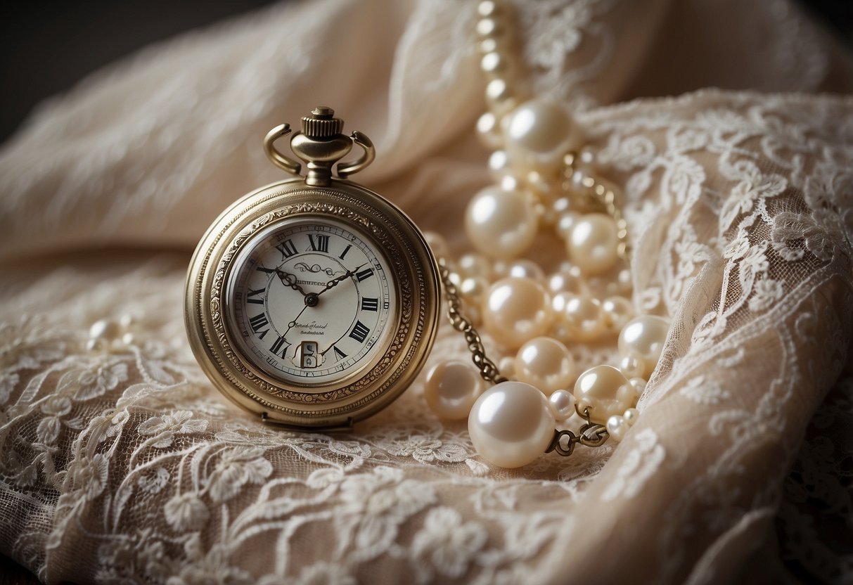 A vintage pocket watch rests on a lace pillow, surrounded by delicate pearls and lace fabric. A small note reads "something borrowed" tucked underneath