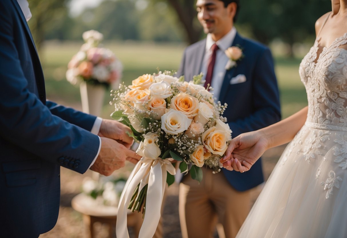 The groom presents the bride with traditional wedding gifts: jewelry, a bouquet of flowers, and a handwritten love letter