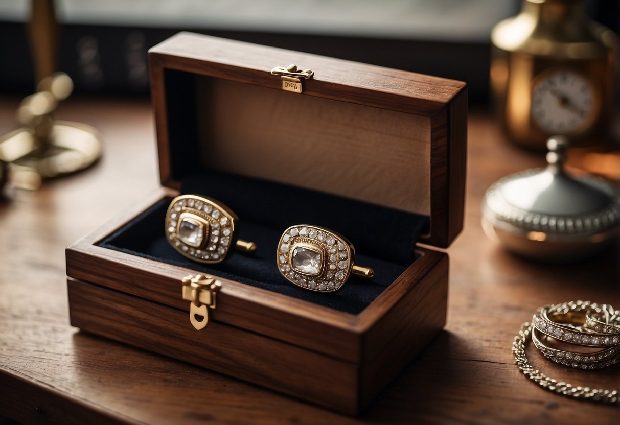 A vintage wooden jewelry box open, revealing Father's Old Cufflinks. Nearby, a wedding mood board with "something borrowed" ideas