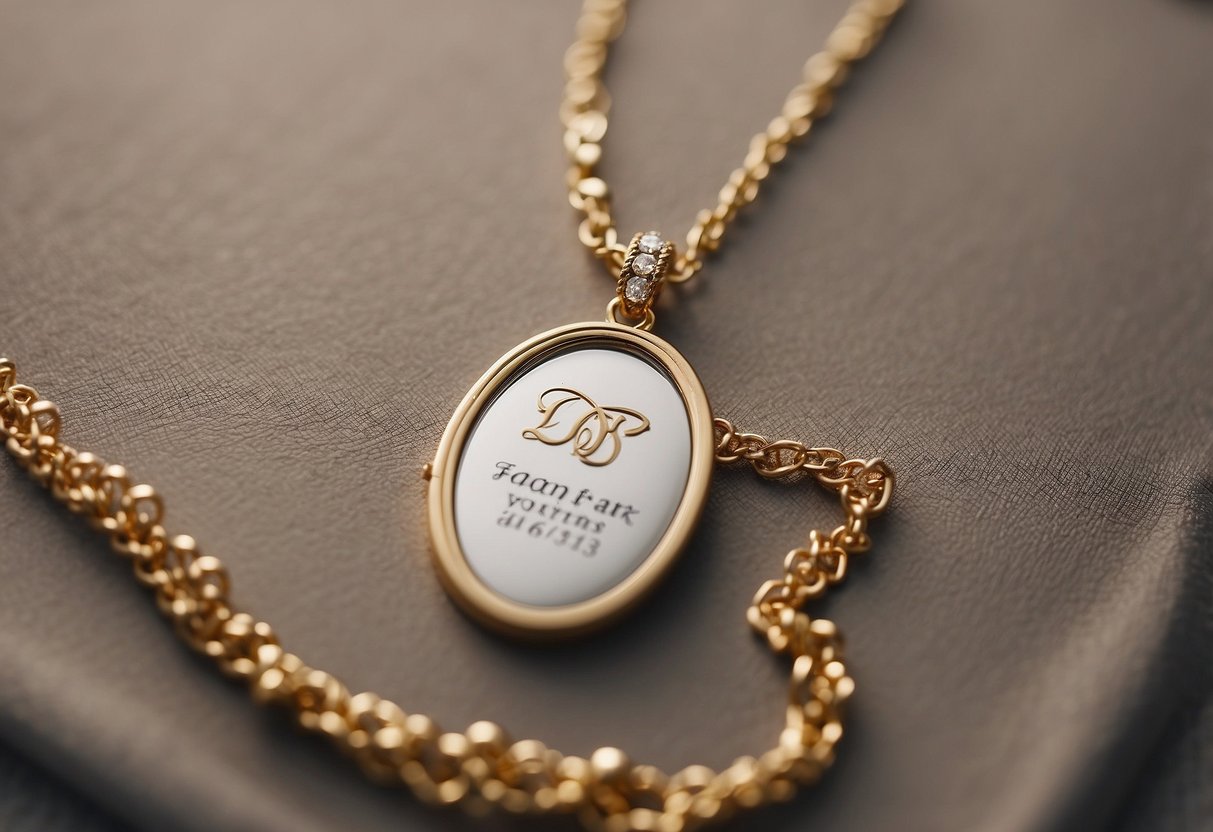 A groom purchases a custom necklace for his bride, with their initials and wedding date engraved on a delicate pendant