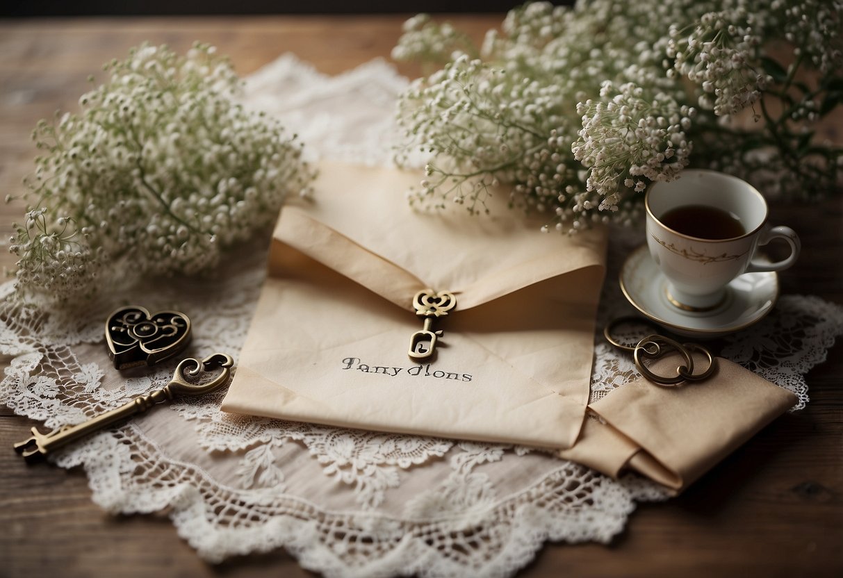 A weathered love letter lies atop a lace-trimmed handkerchief, surrounded by delicate baby's breath and antique keys