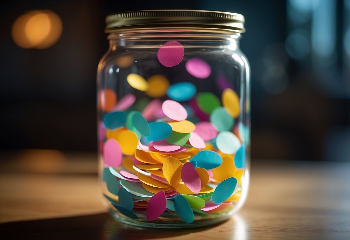 A glass jar brimming with colorful notes, each containing a unique surprise idea for the bride and groom, collected from friends at a wedding