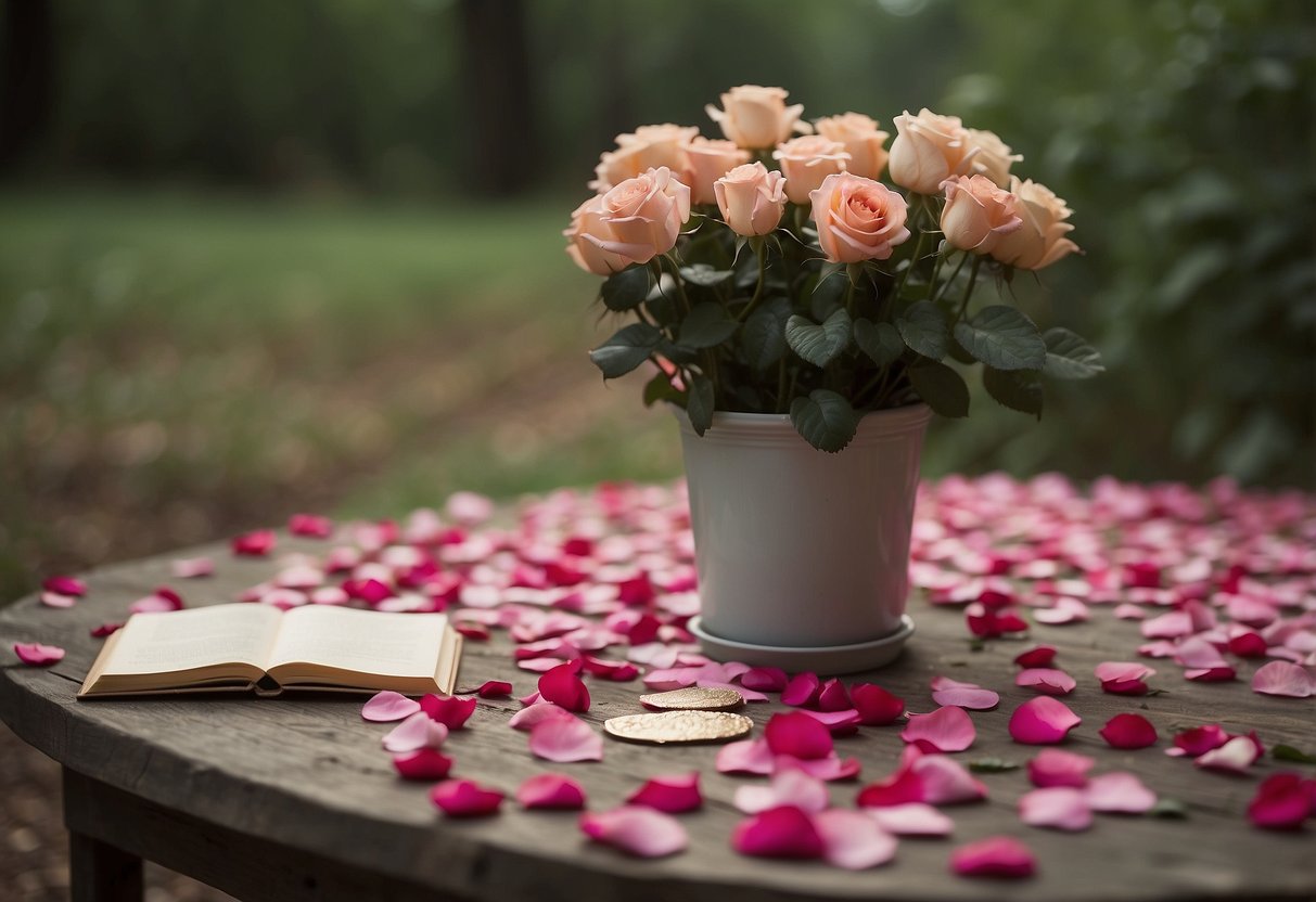 A table filled with personalized gifts, photo albums, and handwritten notes from friends. A trail of rose petals leading to a hidden location for the surprise