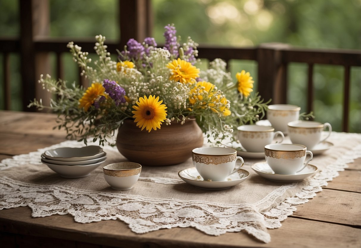 A vintage lace table runner draped over a rustic wooden table, adorned with antique teacups and saucers filled with wildflowers