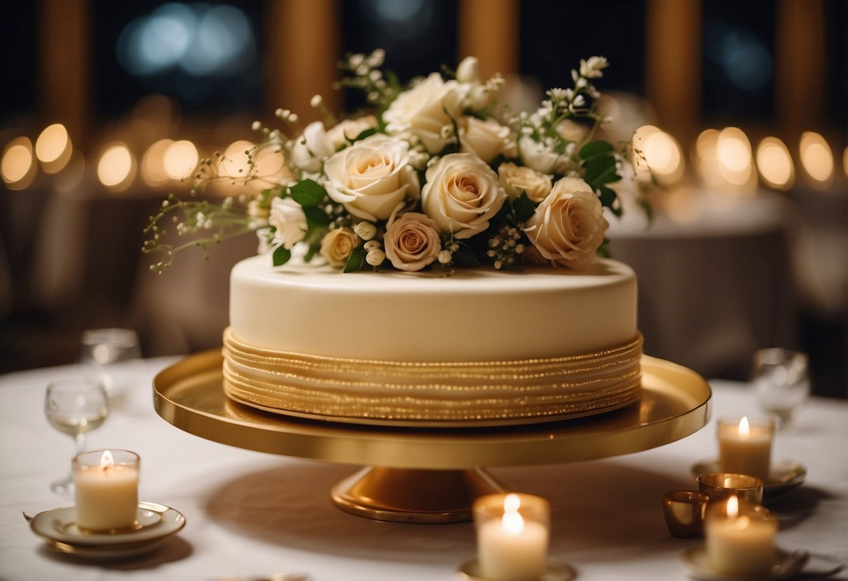 A vintage gold cake stand sits adorned with a tiered wedding cake, surrounded by delicate floral arrangements and twinkling candlelight