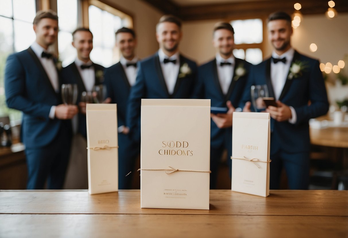 Groomsmen receive personalized gifts with a note asking them to stand by the groom's side on the wedding day