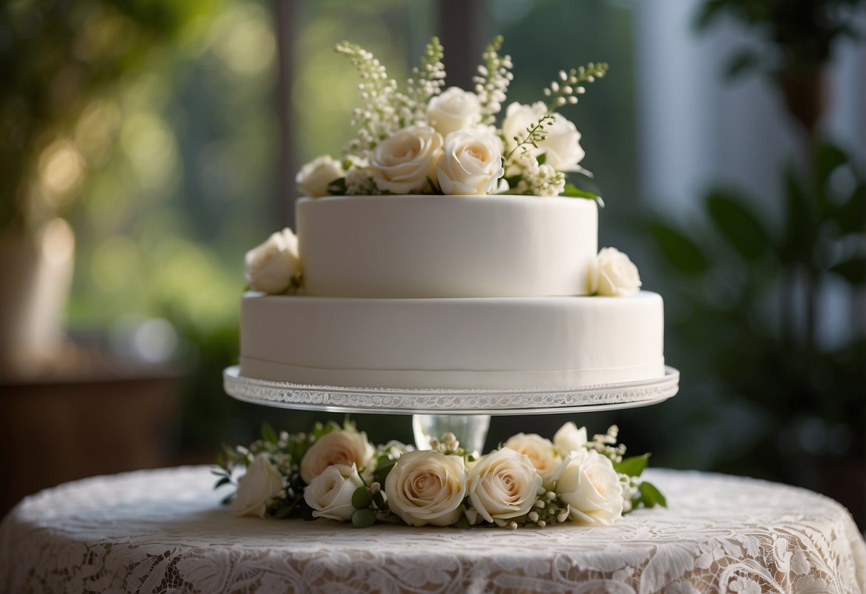 A white, personalized acrylic cake stand sits on a lace tablecloth, adorned with delicate flowers and greenery. The stand is illuminated by soft, romantic lighting, creating a dreamy atmosphere for a wedding cake