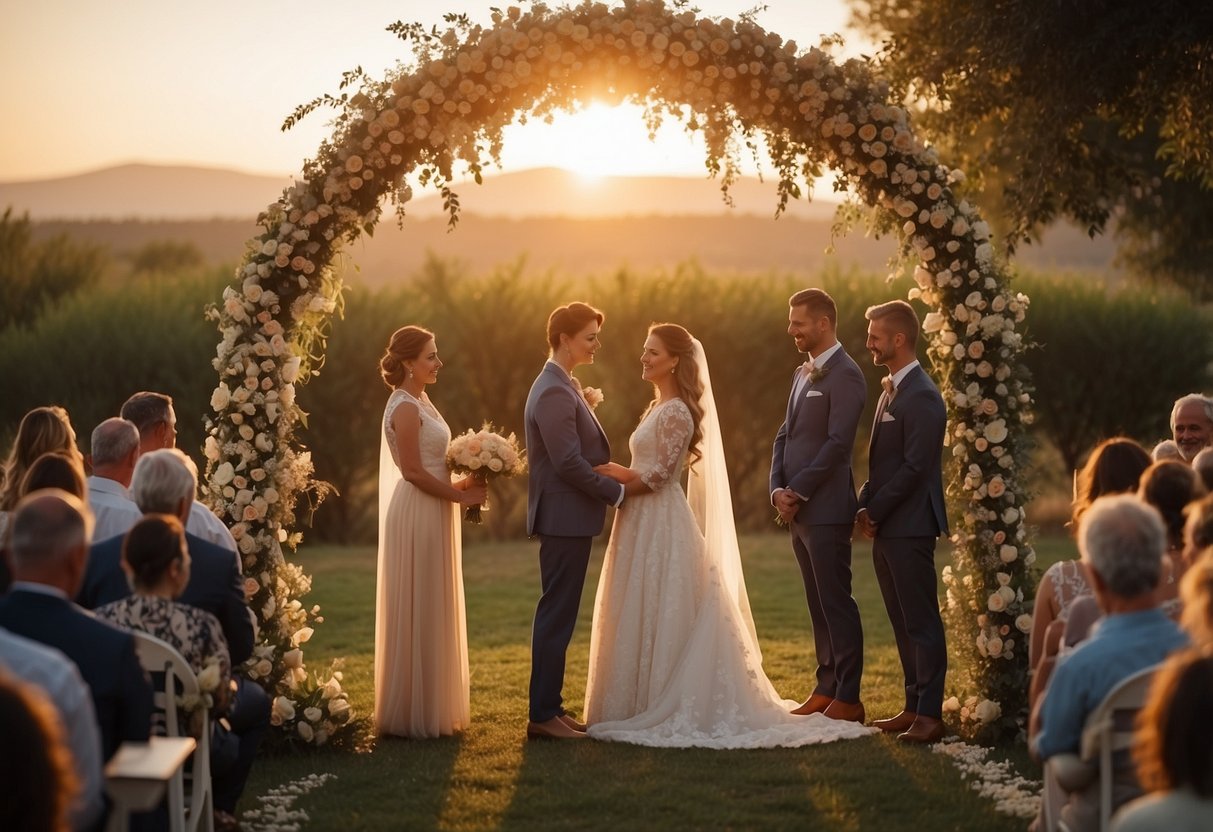 A couple stands under a flower-adorned arch, surrounded by family and friends. The sun sets behind them as they exchange vows, symbolizing their enduring love