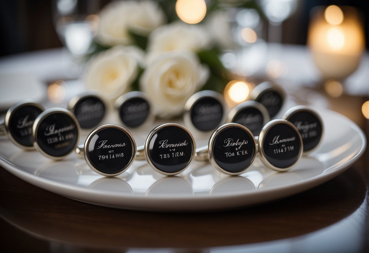 A table with personalized cufflinks displayed, surrounded by a group of groomsmen's names and wedding date engraved on each one