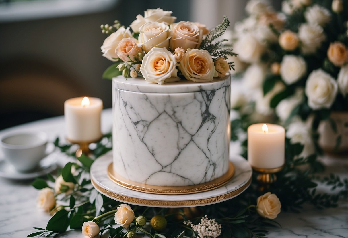 A white marble wedding cake stand sits on a table, adorned with intricate details and surrounded by elegant floral arrangements