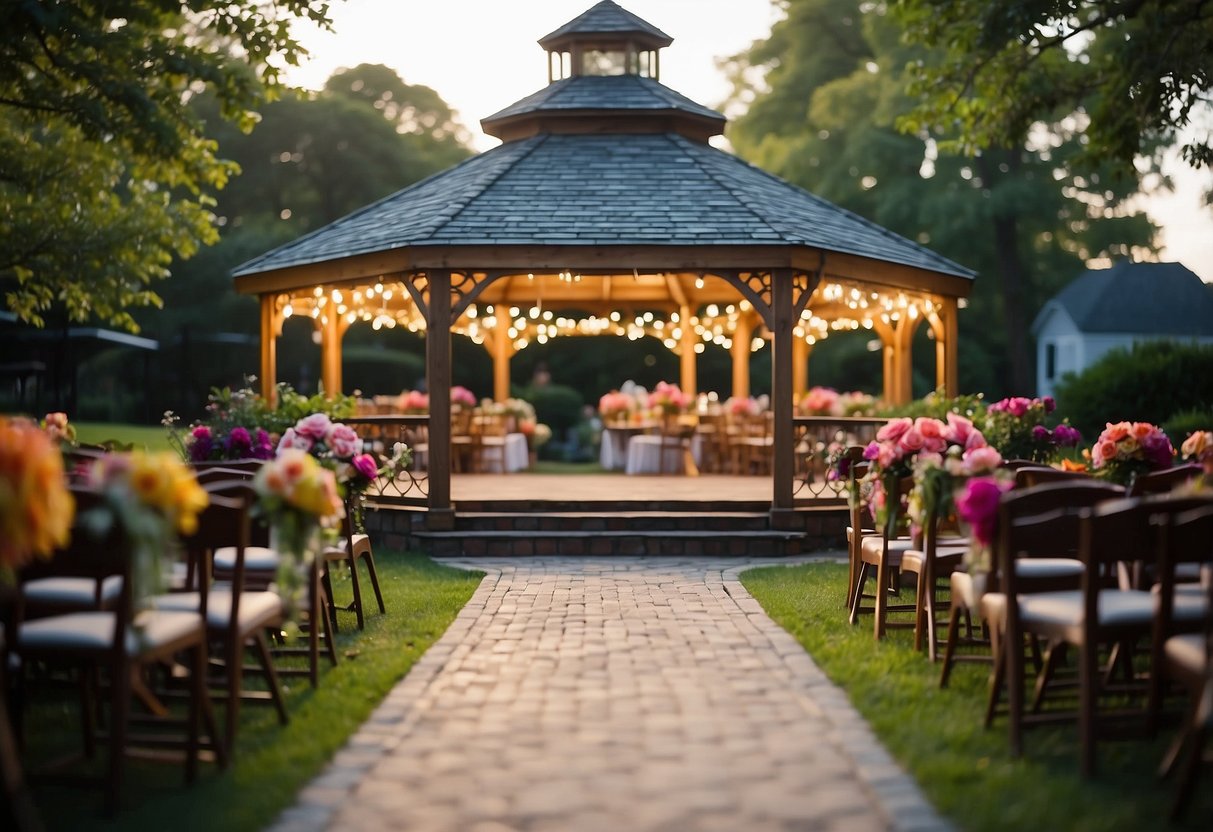 A vibrant garden with colorful floral arrangements, a romantic gazebo, and twinkling string lights for a themed wedding vow renewal celebration