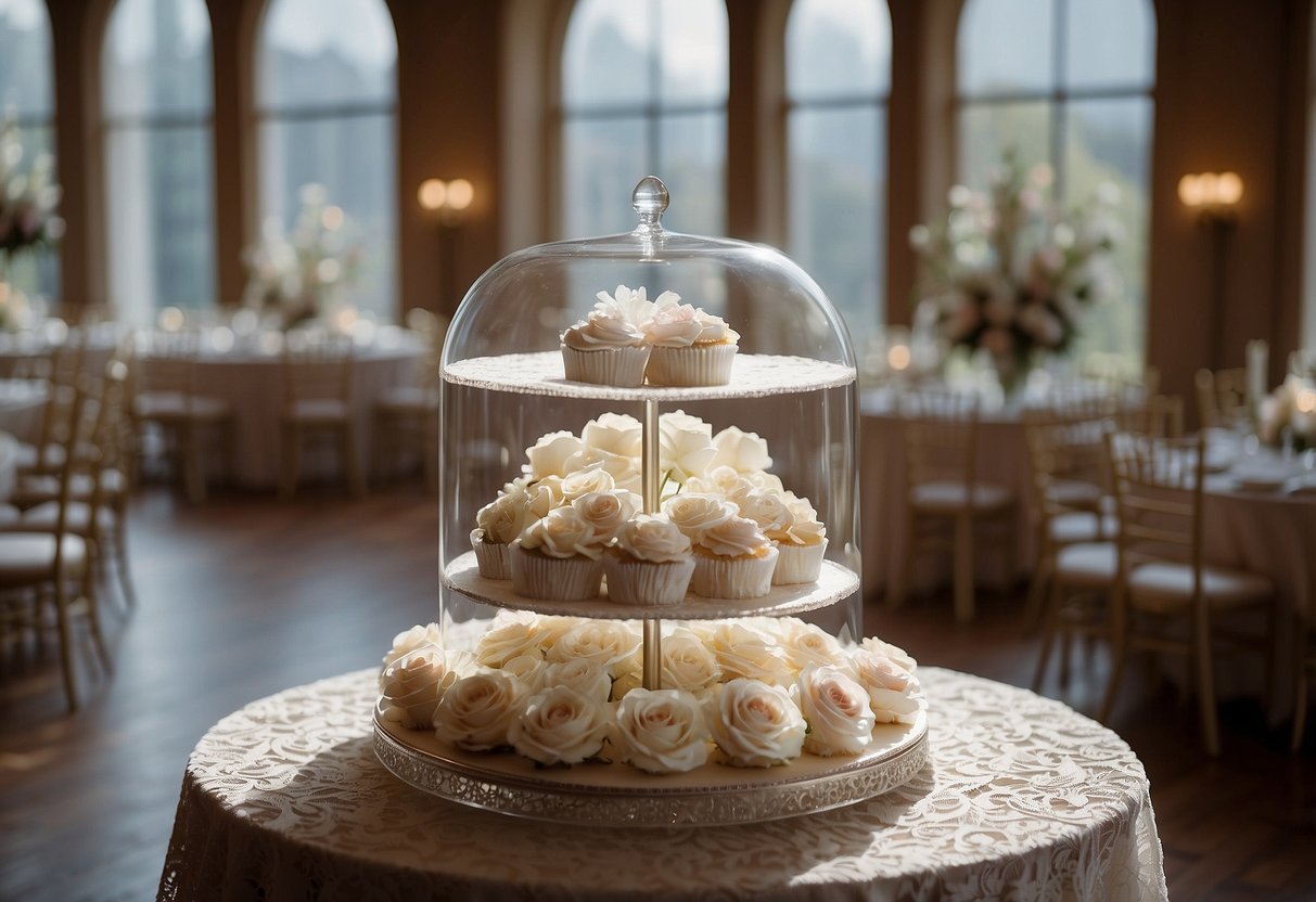 A glass dome cake stand sits atop a lace tablecloth, adorned with a multi-tiered wedding cake. The cake is decorated with delicate flowers and intricate piping, creating a stunning centerpiece for the reception