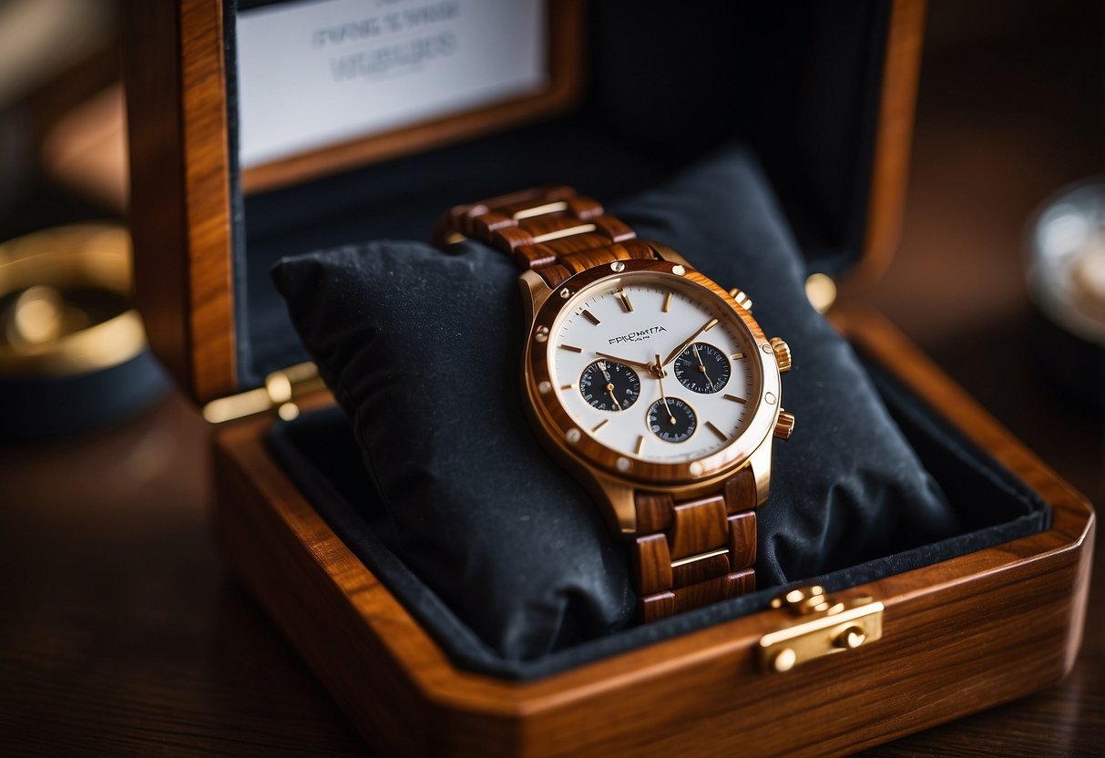 A wooden watch box sits open, displaying personalized watches inside. A handwritten note asks groomsmen to be part of a wedding