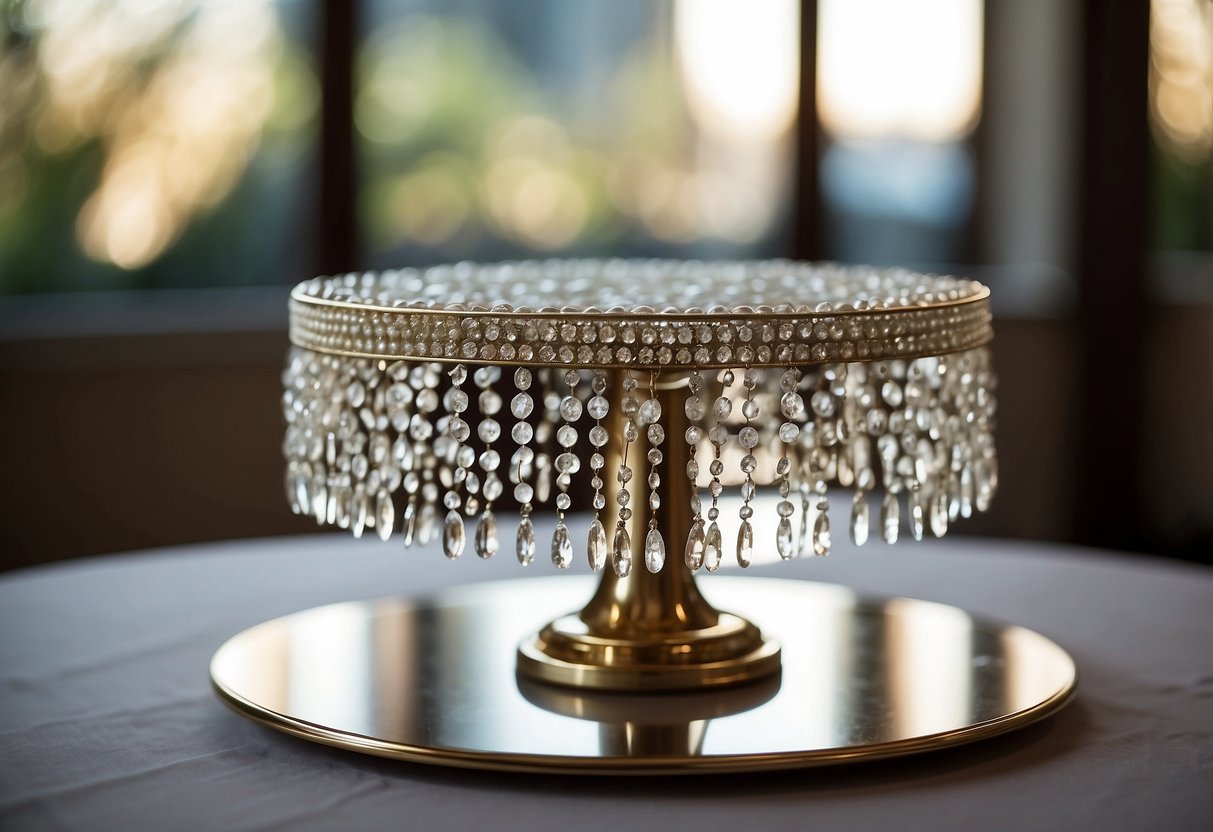 A crystal beaded cake stand holds a tiered wedding cake, shimmering in the soft light. The stand is adorned with intricate details, adding elegance to the display