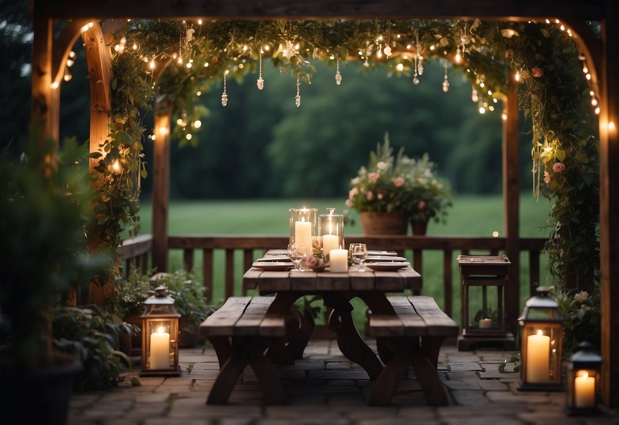 A cozy backyard set with twinkling lights, a rustic wooden arch adorned with greenery, and a small table for two with candles and a bouquet