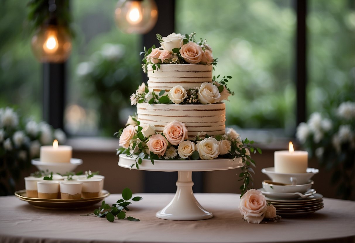 A tiered floral cake stand adorned with cascading flowers and greenery, set against a soft, romantic backdrop