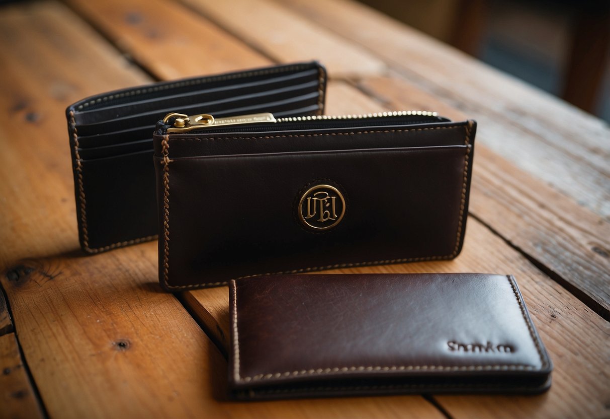 Monogrammed leather wallets arranged on a wooden table with a handwritten note asking groomsmen to be in the wedding