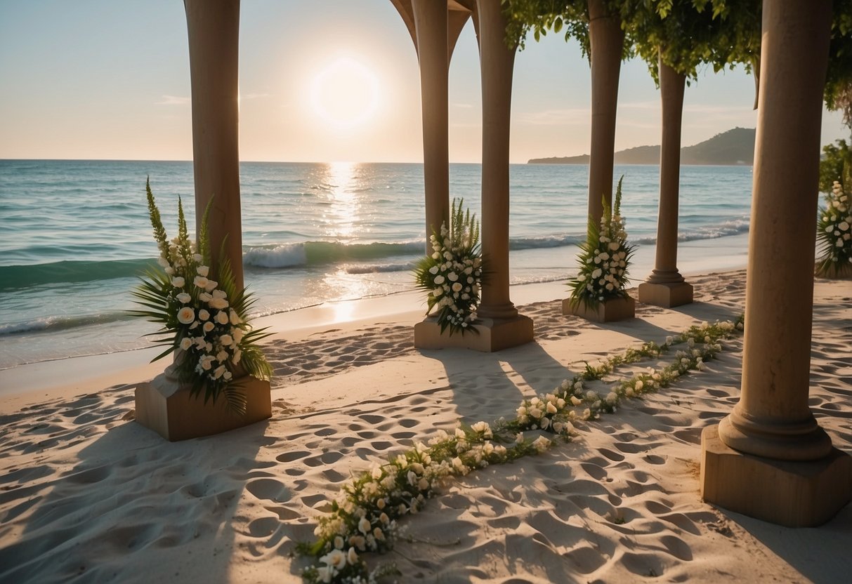 A serene beach setting with a flower-adorned archway and gentle waves in the background, creating a romantic ambiance for a wedding vow renewal ceremony