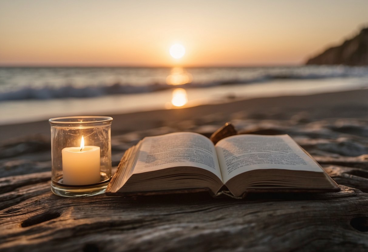 A serene beach at sunset, with two vow books placed on a driftwood altar. The ocean waves gently crash in the background, creating a peaceful and romantic atmosphere for a wedding vow renewal ceremony