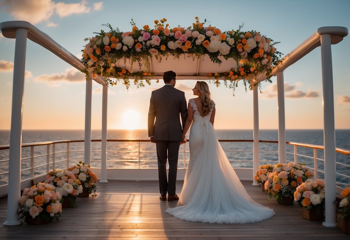 A couple stands on the deck of a cruise ship, surrounded by the ocean and a colorful sunset. A white canopy and flowers decorate the area for their vow renewal ceremony