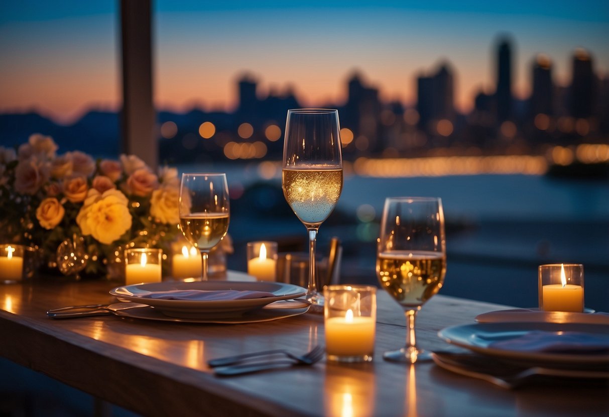 A romantic dinner setting with candlelit table, champagne, and flowers. A scenic view of a beach or city skyline in the background