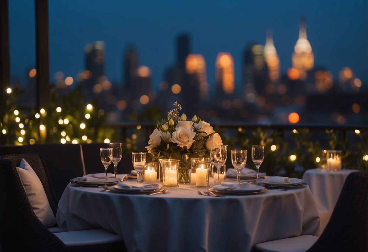 A romantic dinner setting at a rooftop restaurant with fairy lights, city skyline, and a beautifully set table for a 10th wedding anniversary celebration